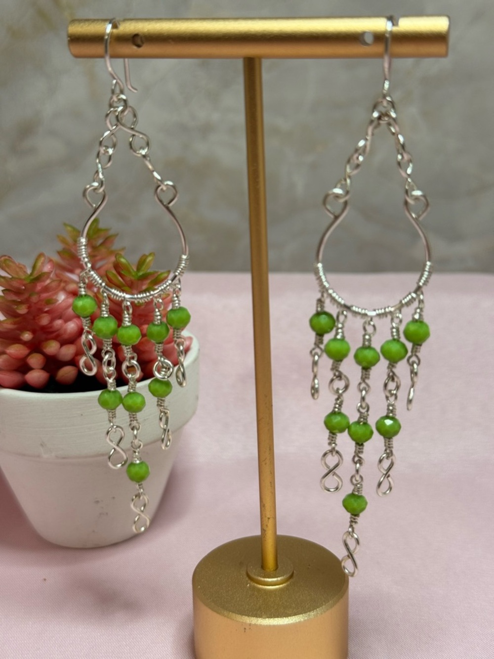 Handmade Green Bead Chandelier Earrings - Silver-tone